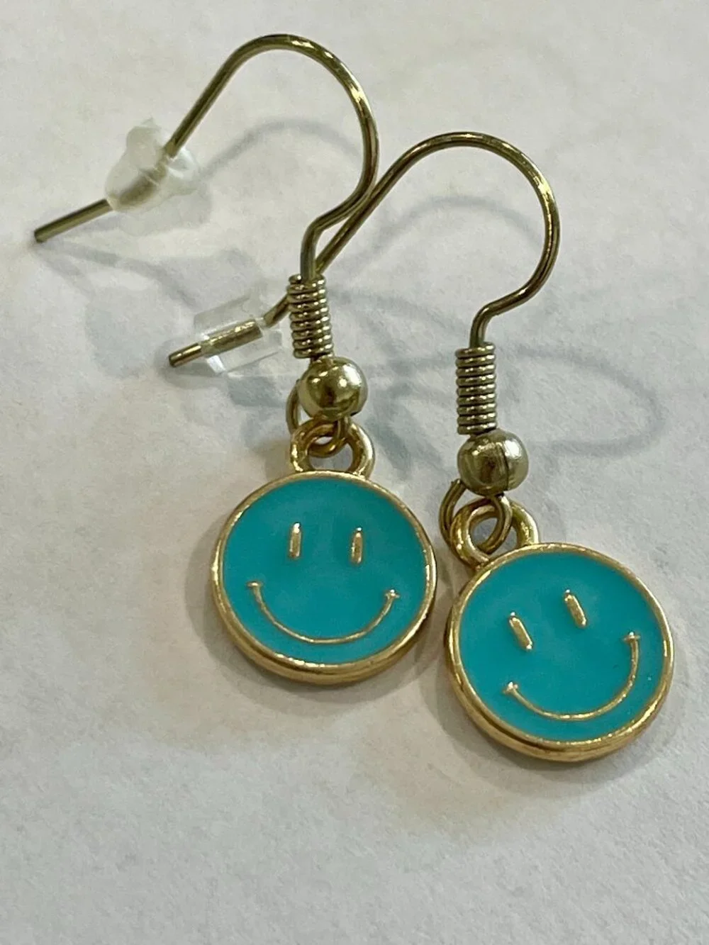 Teal Blue Enamel Smiley Face Dangle Earrings Gold Tone Drop Whimsical NWT